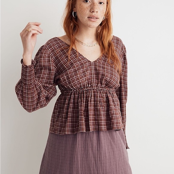 Madewell Tops - Madewell Burgundy Plaid Peplum Tie Back V-Neckline Long Sleeve Blouse